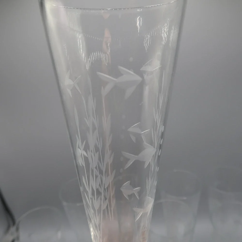Princess House Heritage Cut Fish Etched Footed Pilsner Beer Glasses Set of 8